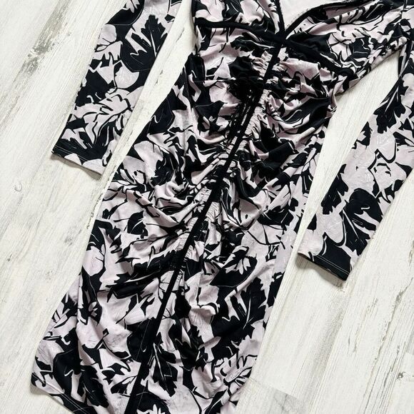 Roberto Cavalli Ruched Dress 38 Foliage Print Stretchy Lavender & White - Picture 2 of 7